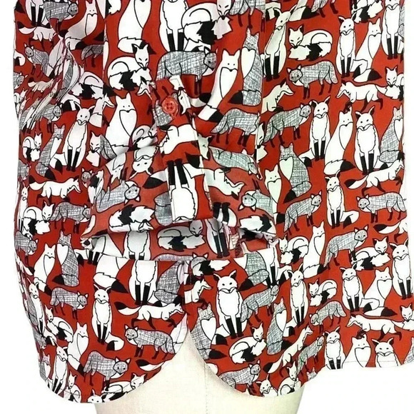 Ann Taylor Top Women L Multicolor Fox Print Half Button Tunic Roll Tab Sleeve - Picture 6 of 9